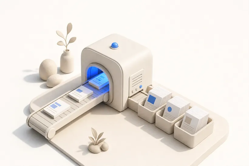 A small machine turning messy documents into sorted stacks