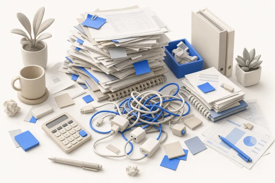 A desk buried in paper stacks, sticky notes and tangled cables