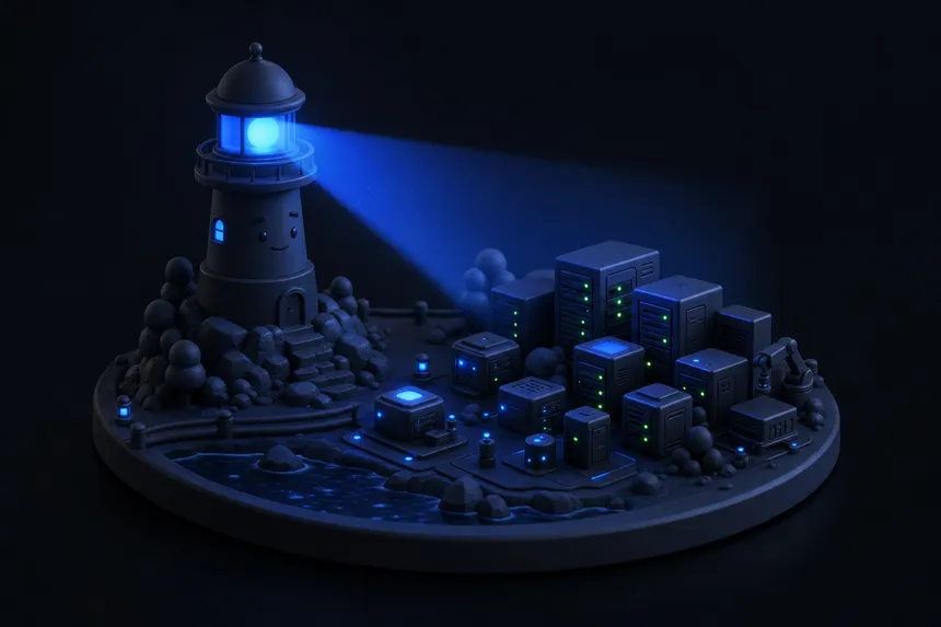 Ein Leuchtturm wacht nachts über eine kleine Serverlandschaft